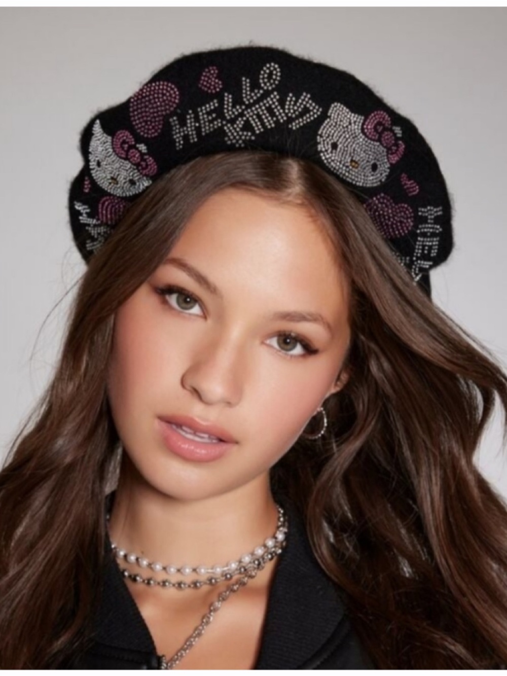 Hello Kitty Rhinestone Beret Black Pink Sanrio Y2K Kawaii French Style Hat NWT